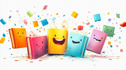 A group of colorful books with smiling faces on them