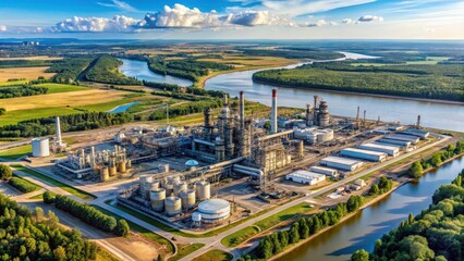 Aerial view of an oil refinery along the Athabasca River in Alberta