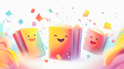 Three books with smiling faces on them