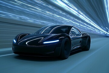 Fototapeta premium Futuristic Black Sports Car Speeding Through an Illuminated Tunnel
