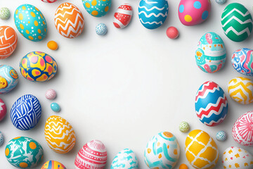 bright easter eggs decorated with stripes, and dots arranged in a circular border on a light background. Spring holiday frame, ideal for banners, social media, and festive promotions