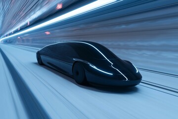 Fototapeta premium Futuristic Black Sports Car Speeding Through an Illuminated Tunnel
