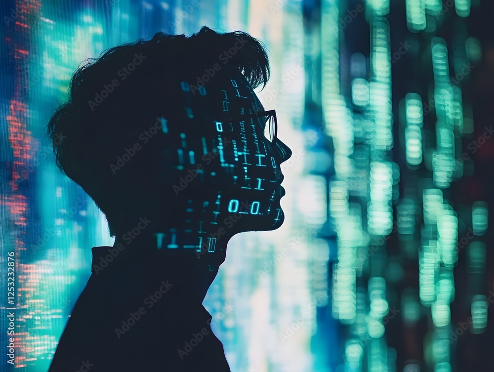 Leinwandbilder Silhouette of Person with Data Stream Binary Code Background