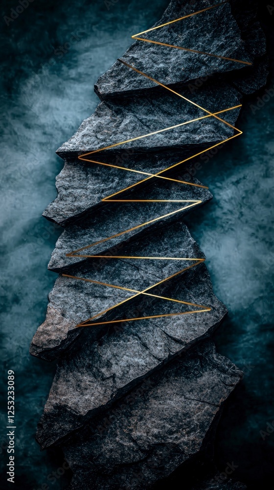 Poster dark gray rocks with golden path abstract background