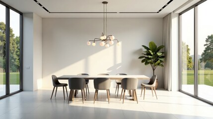 Modern Minimalist Dining Room with Expansive Garden Views and Elegant Light Fixture
