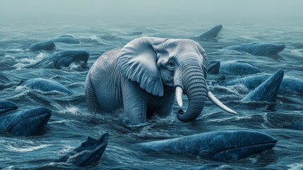 Fototapeta premium sad elephant soaking in a sea full of blue whales --ar 16:9 --v 6.1 