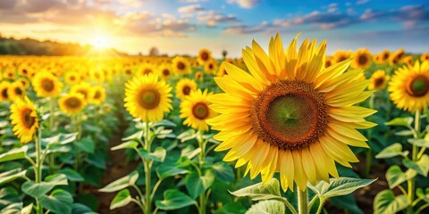 Obraz premium Vibrant sunflower field on a sunny day with bright yellow flowers and green leaves , fields, outdoors