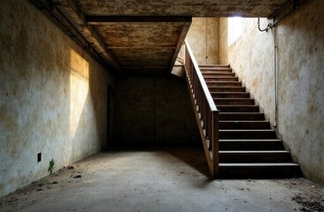 Obraz premium empty basement in abandoned old industrial building with little light and a wooden stairs