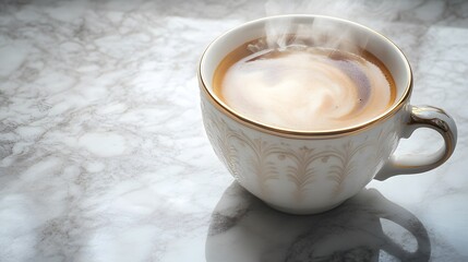 A vintage-styled coffee cup with subtle patterns, holding a rich brew that steams gently, captured with crisp clarity on a marble surface.