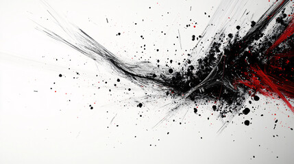 energetic black ink burst with streaks of red splattering on a white surface capturing movement depth and artistic spontaneity in abstraction  
