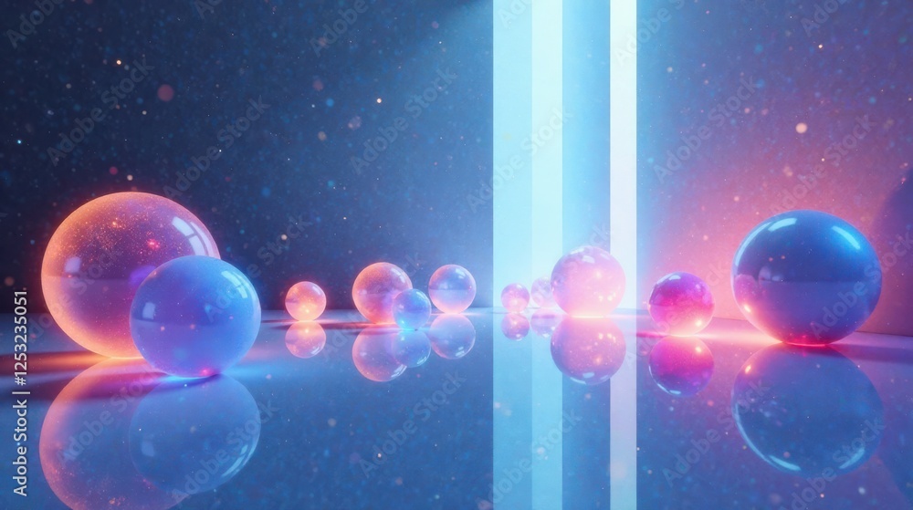 Aufkleber Luminous Spheres in a Futuristic, Dreamlike Setting with Glowing Reflections and Subtle Dust Particles