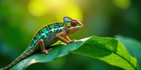 Obraz premium Vibrant Reptile on Lush Foliage in Sunlight A Close-Up of a Colorful Chameleon Resting Serene on a Broad Leaf, Basking in the Warm Glow of the Sun's Rays