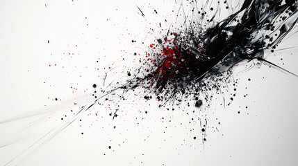 dynamic abstract ink splash with black and red paint splattering across a white background creating a chaotic expressive modern composition  
