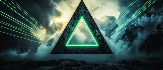 Dark Mountainous Landscape with Glowing Green Triangle