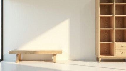 Fototapeta premium Simple Minimalist Room Interior Design with Wooden Bench and Empty Shelving Unit