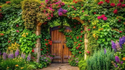 Fototapeta premium Garden gate covered in ivy with colorful flowers and lush greenery, natural elements , flowers, natural elements