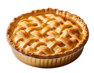 apple pie in a foil container on a white background