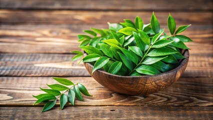 A delicate sprig of fresh curry leaves arranged artfully in a coconut bowl on a wooden table, showcasing its vibrant green color and intricate texture , coconut bowl, tropical fruit