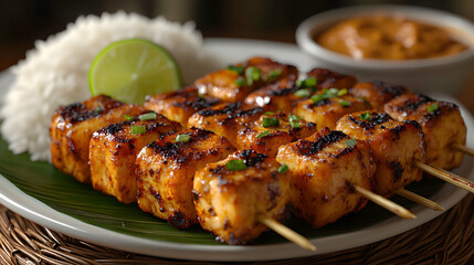 Grilled Chicken Skewers with Rice and Peanut Sauce, A Culinary Delight