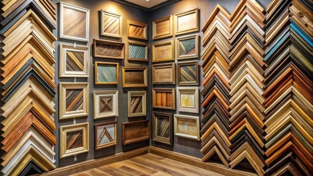 A custom frame shop showcases various corner framing samples on a wooden wall with different shapes and sizes, highlighting the versatility of their services , display cases, art framing