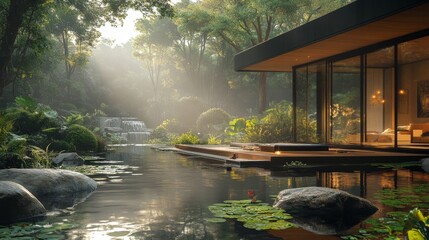 Fototapeta premium Harmonious blend of modern architecture and serene nature by a tranquil pond