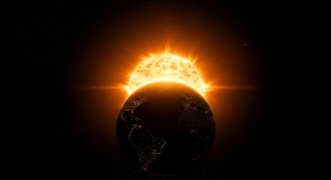 Earth faces a radiant sun against a dark cosmic backdrop - Powered by Adobe