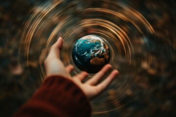 Hand reaching towards rotating earth in motion