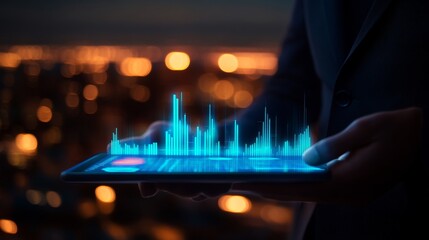 Businessman Holding Tablet With Rising Graph, Futuristic Interface, Cityscape Background