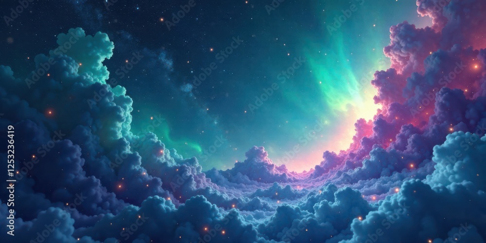 Aufkleber celestial dreamscape a serene panorama of illuminated clouds and aurora borealis under a starry nigh