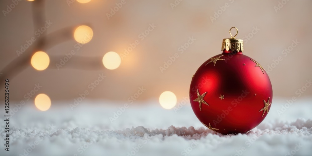 Poster a festive red ornament adorned with golden stars rests on a snowy surface, illuminated by warm, soft