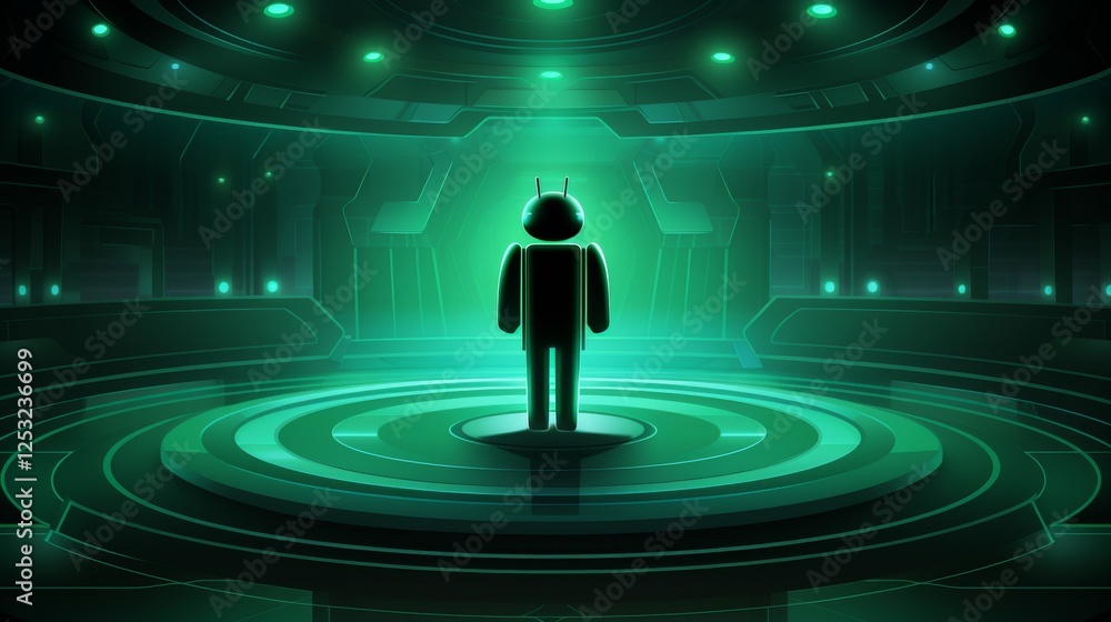 Aufkleber silhouette of an android on a platform surrounded by dynamic light flashes and effects