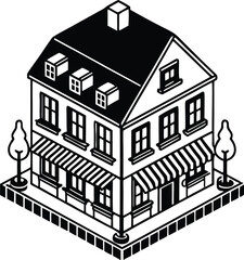 A silhouette isometric European-style townhouse with a small café on the ground floor and apartments on the upper levels.
