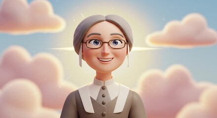 Animated elderly woman with glasses smiling in a cloudy sky
