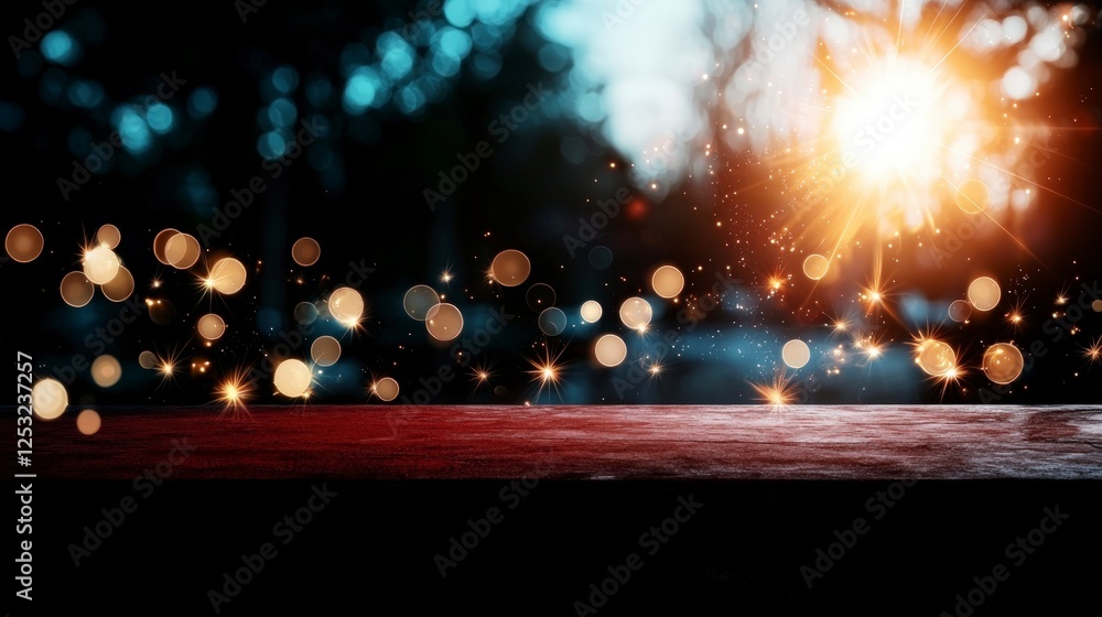 Poster dark wooden table with sparkling bokeh lights and dark background