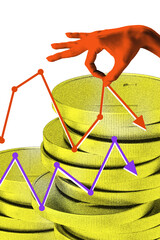 Conceptual art collage. Orange hand manipulates fluctuating financial graphs over stacks of golden...