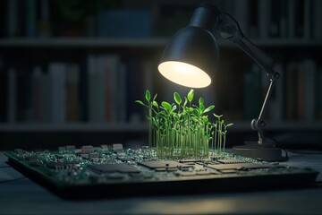 Green plants growing on circuit board under desk lamp