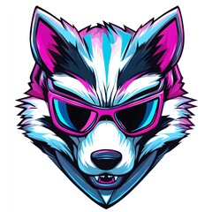 Neon blue pink wolf Head, fire mode, Gaming Logo Design isolated at white background