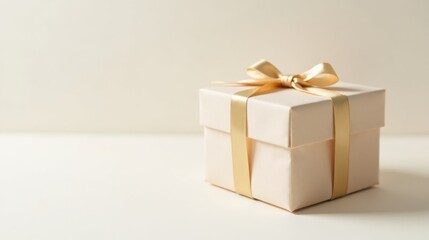 Obraz premium A delicately wrapped present, a cream-colored box adorned with a golden ribbon, sits on a pristine white surface, ready for a special occasion.