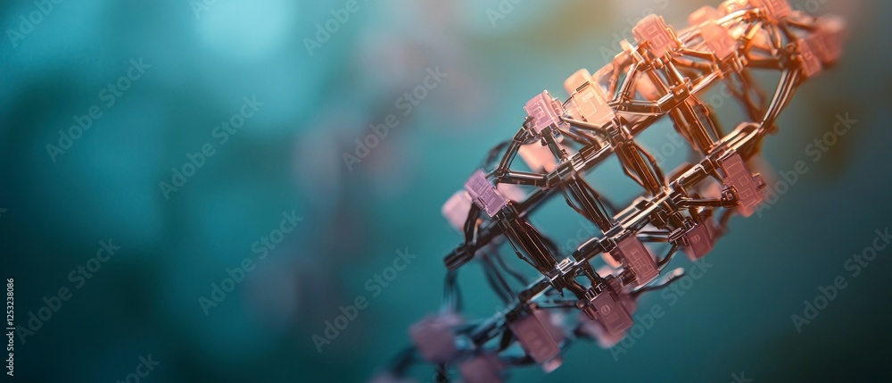 Poster detailed 3d render of a dna double helix molecule with pink and teal color scheme