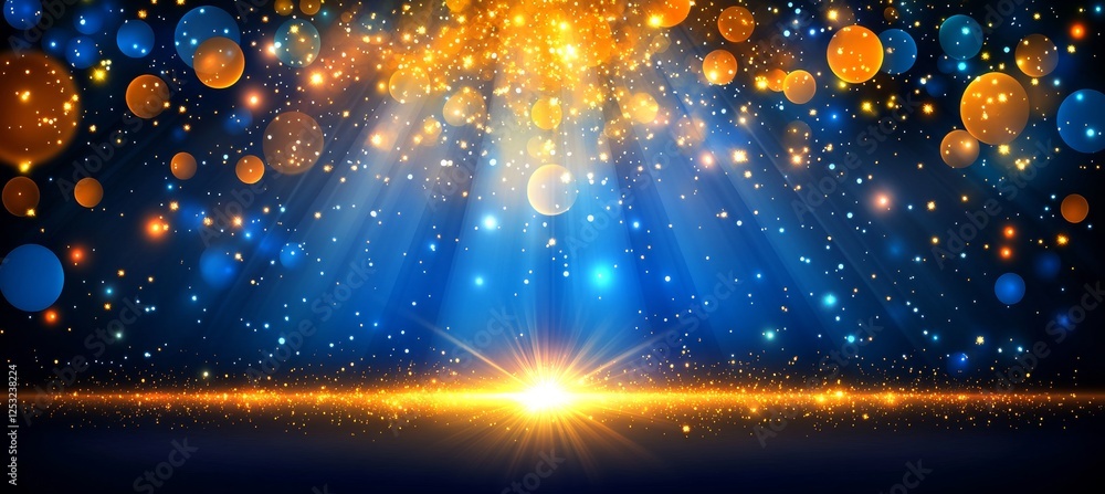 Poster abstract sparkling golden light ray converging blue with bokeh circles effect on dark background