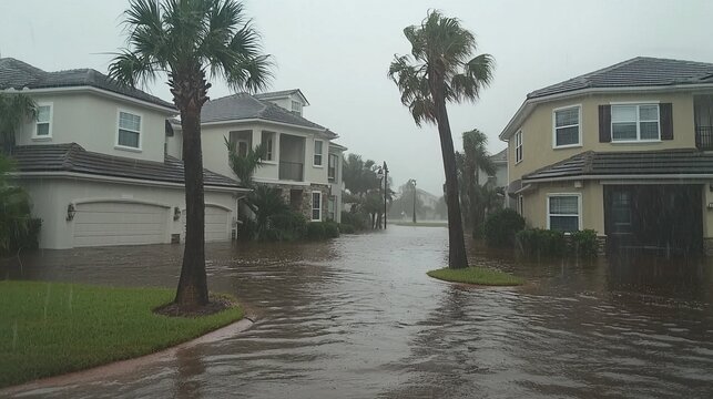 Fierce hurricane winds tear through a residential street, palm trees bending dangerously, deep floodwaters cover driveways and lawns