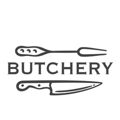 Butchery logo with knife and fork line icon. Outline hand drawn badge with chefs utensils for cutting beef and pork meat, butchers emblem and text. Butchery vintage logotype vector illustration