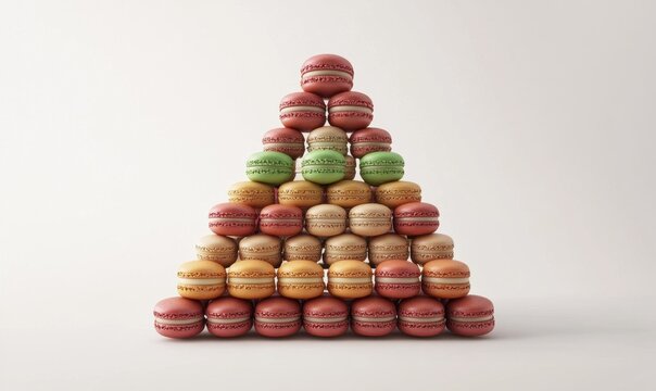 Colorful macaron pyramid on white background; food photography for recipe blogs or websites