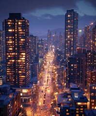 Fototapeta premium City skyline illuminated at night with busy street below