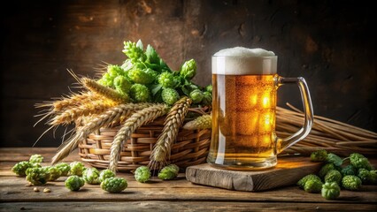 A mug filled with a cold beer, surrounded by a handful of fresh green hops and wheat ears, on a wooden table in a rustic environment