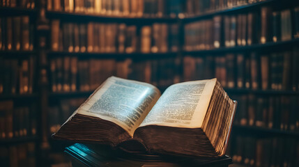 Obraz premium A dimly lit library with towering bookshelves filled with ancient texts. An unseen force flips through pages of a book lying open on a pedestal, casting eerie shadows.