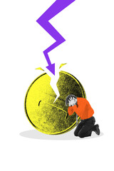 Modern artwork. Man holds head in distress while large cracked golden coin breaks under purple...
