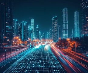 Fototapeta premium City skyline illuminated by digital lights at night