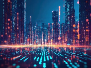 Obraz premium City skyline illuminated by vibrant digital lights at night