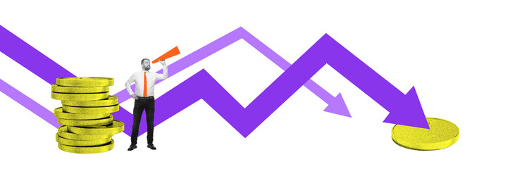 Creative art collage. Businessman with telescope stands by golden coin stacks, watching purple financial graph declining as recession impacts economy. Concept of financial crisis, bankruptcy.